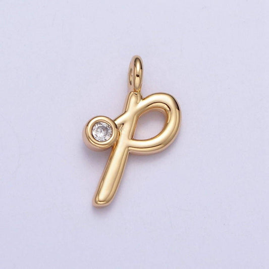 Gold Initial Alphabet Lower Case Cursive Letter Clear CZ Personalized Charm | A-507-A-519: Letter P