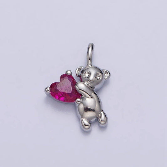 Fuchsia Heart CZ Teddy Bear Mini Charm in Gold & Silver | AC222 AC223: Silver