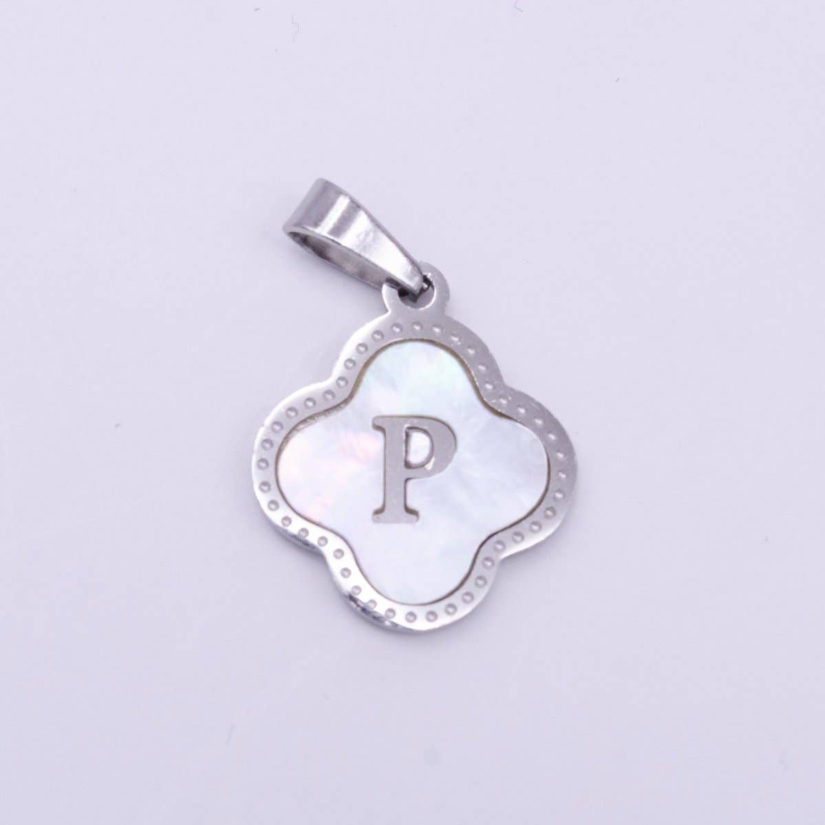 Stainless Steel A-Z Initial Letter Shell Pearl Quatrefoil Clover Silver Pendant Lucky Charm | A-754-A-766: ALL INITIAL