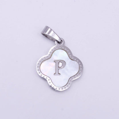 Stainless Steel A-Z Initial Letter Shell Pearl Quatrefoil Clover Silver Pendant Lucky Charm | A-754-A-766: ALL INITIAL