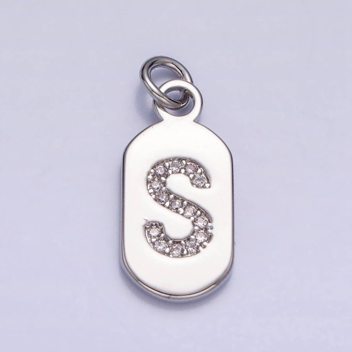 Silver Rectangular Tag CZ Clear Micro Paved Personalized Initial Alphabet Name Tag Charm | A-A1887-A-A1899: ALL INITIAL