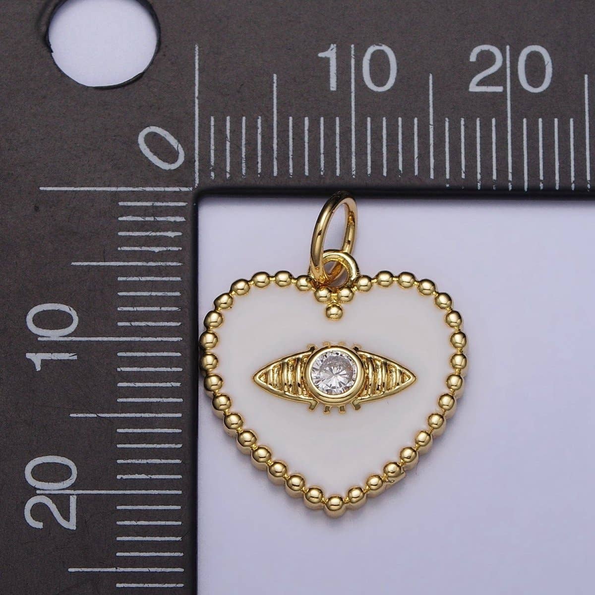Gold, Silver Evil Eye Clear CZ White Enamel Beaded Heart Charm | AC999 AC1000: Silver