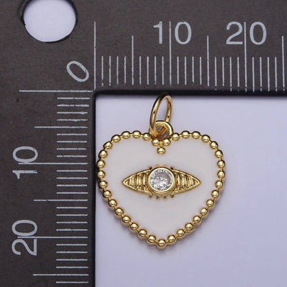 Gold, Silver Evil Eye Clear CZ White Enamel Beaded Heart Charm | AC999 AC1000: Silver