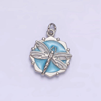 16K Gold Filled Dragonfly Insect White, Pink, Blue Sparkly Enamel Hexagonal Charm | AC1555 - AC1560: Silver / White