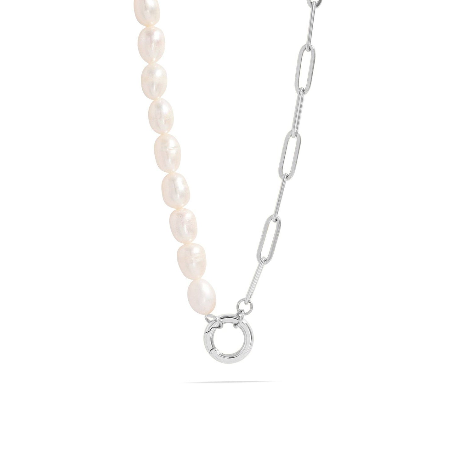 Freshwater Pearl Paperclip Split Chain Charm Holder Necklace: Stainless