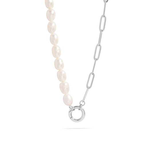Freshwater Pearl Paperclip Split Chain Charm Holder Necklace: Stainless