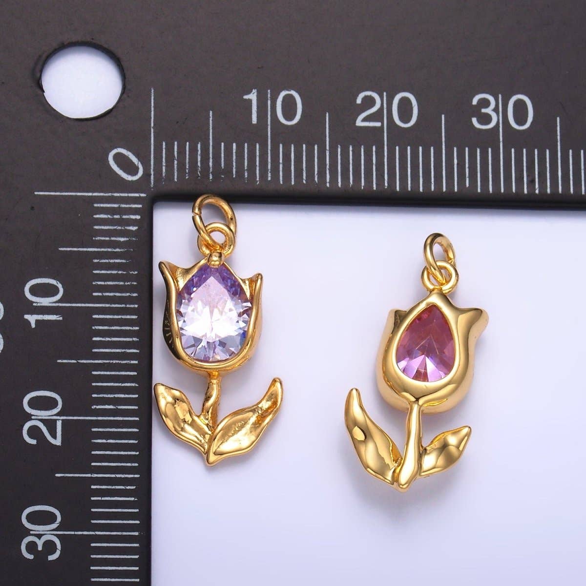 24K Gold Filled Clear, Pink CZ Tulip Charm in Gold & Silver | W819 W820 M182: Gold / Clear