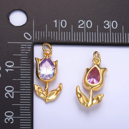 24K Gold Filled Clear, Pink CZ Tulip Charm in Gold & Silver | W819 W820 M182: Gold / Clear