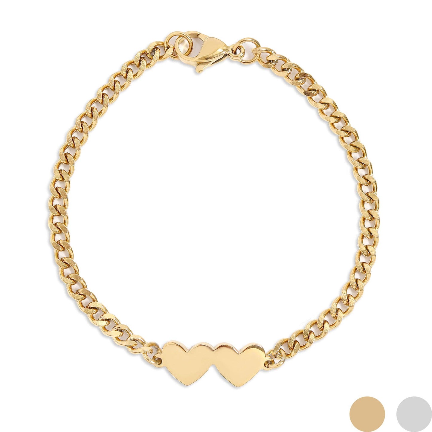 18K Gold PVD Stainless Steel Engravable 2 Hearts on Curb Chain Bracelet: Stainless