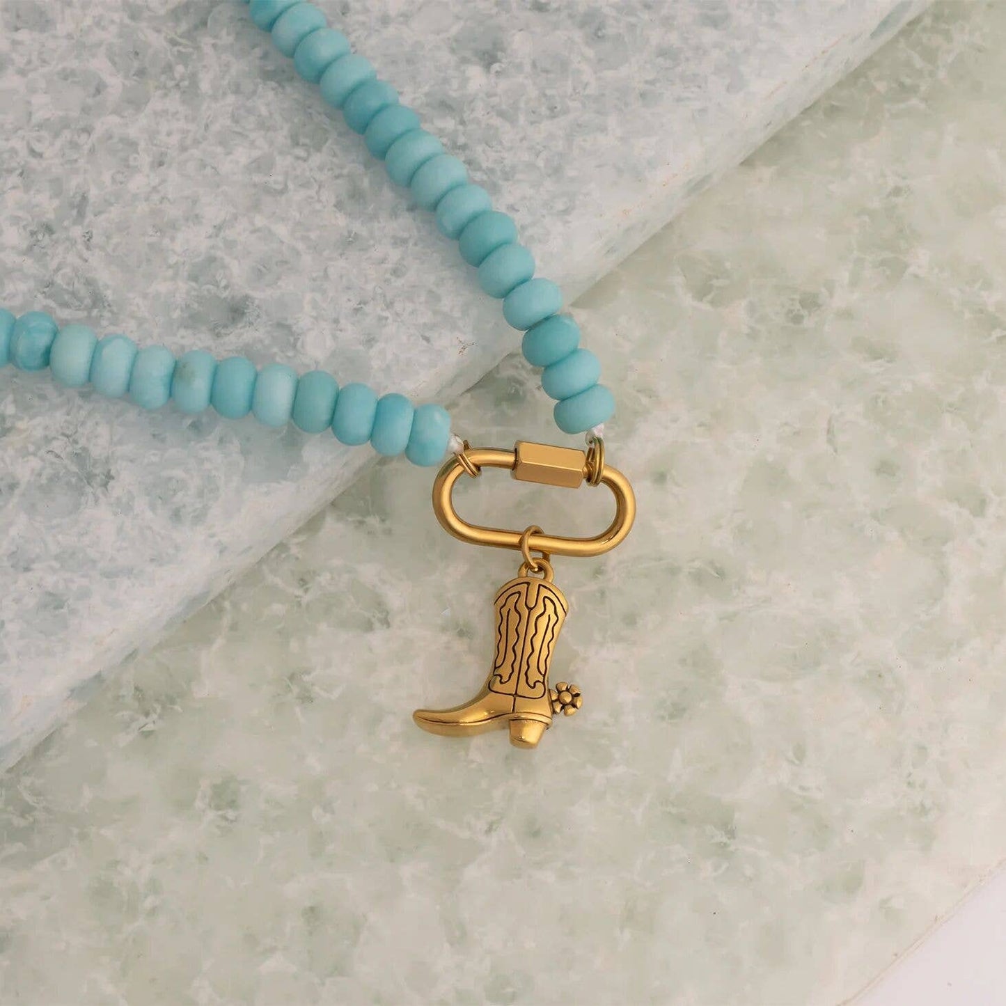 Stainless Steel Turquoise Chunky Bead Carabiner Necklace: Stainless