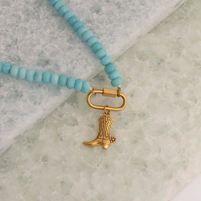 Stainless Steel Turquoise Chunky Bead Carabiner Necklace: Gold