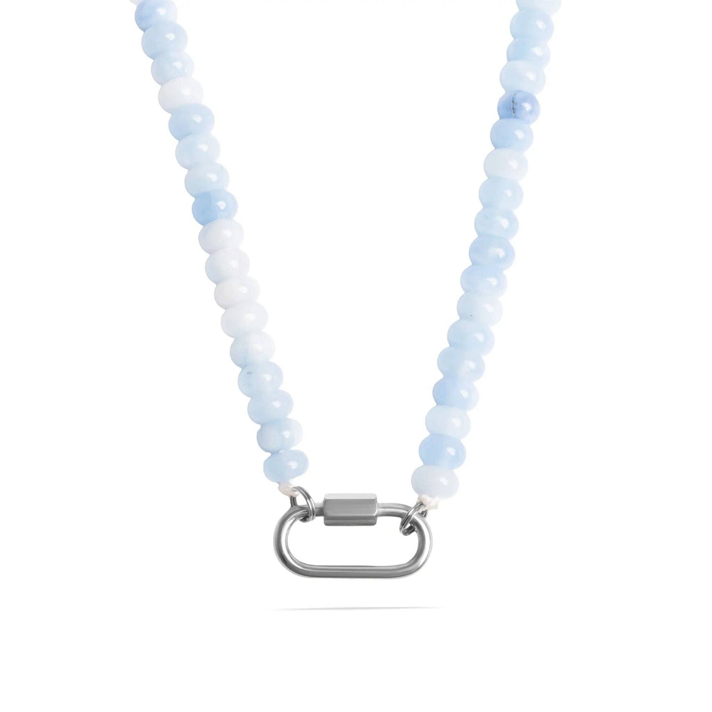 Stainless Steel  Blue Chunky Glass Bead Carabiner Necklace: Gold