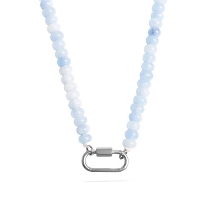 Stainless Steel  Blue Chunky Glass Bead Carabiner Necklace: Gold