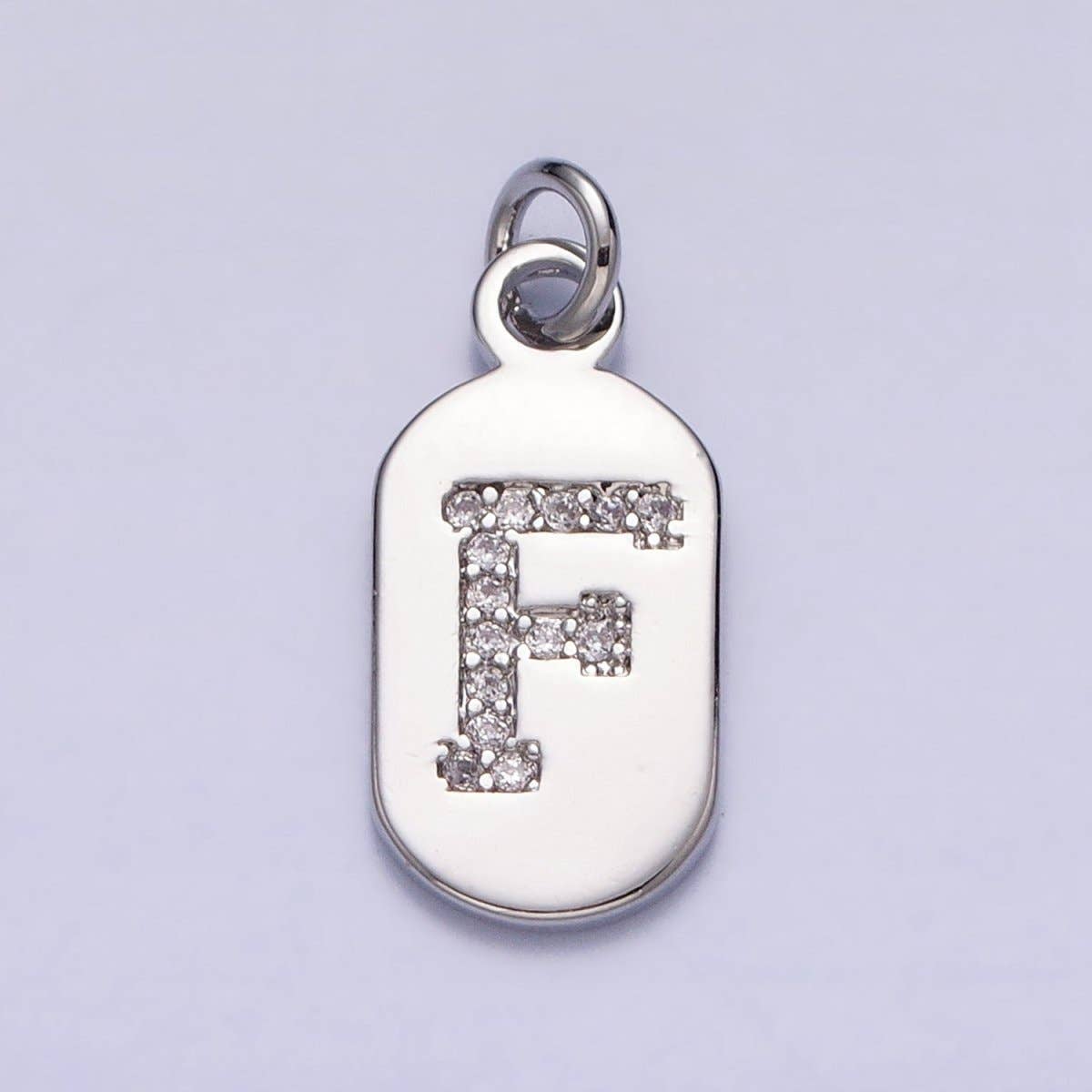 Silver Rectangular Tag CZ Clear Micro Paved Personalized Initial Alphabet Name Tag Charm | A-A1887-A-A1899: ALL INITIAL