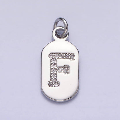 Silver Rectangular Tag CZ Clear Micro Paved Personalized Initial Alphabet Name Tag Charm | A-A1887-A-A1899: ALL INITIAL