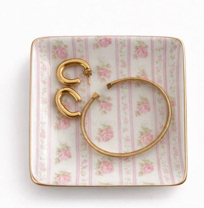 Ceramic Jewelry Trinket Tray with Gold Rim – 4” Square Catchall Dish: Cowboy Coquette