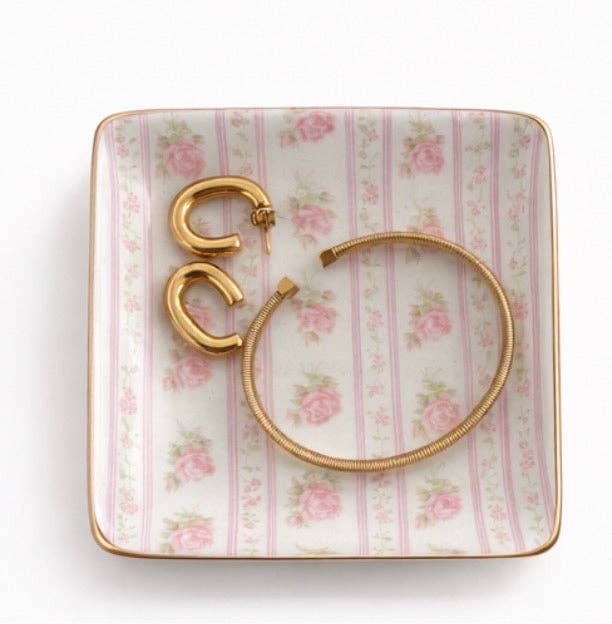 Ceramic Jewelry Trinket Tray with Gold Rim – 4” Square Catchall Dish: Pink Dreams