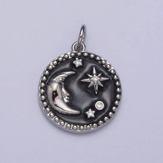 Celestial Crescent Moon Stars Round Black Enamel Charm in Gold & Silver | AC254 AC255: Silver
