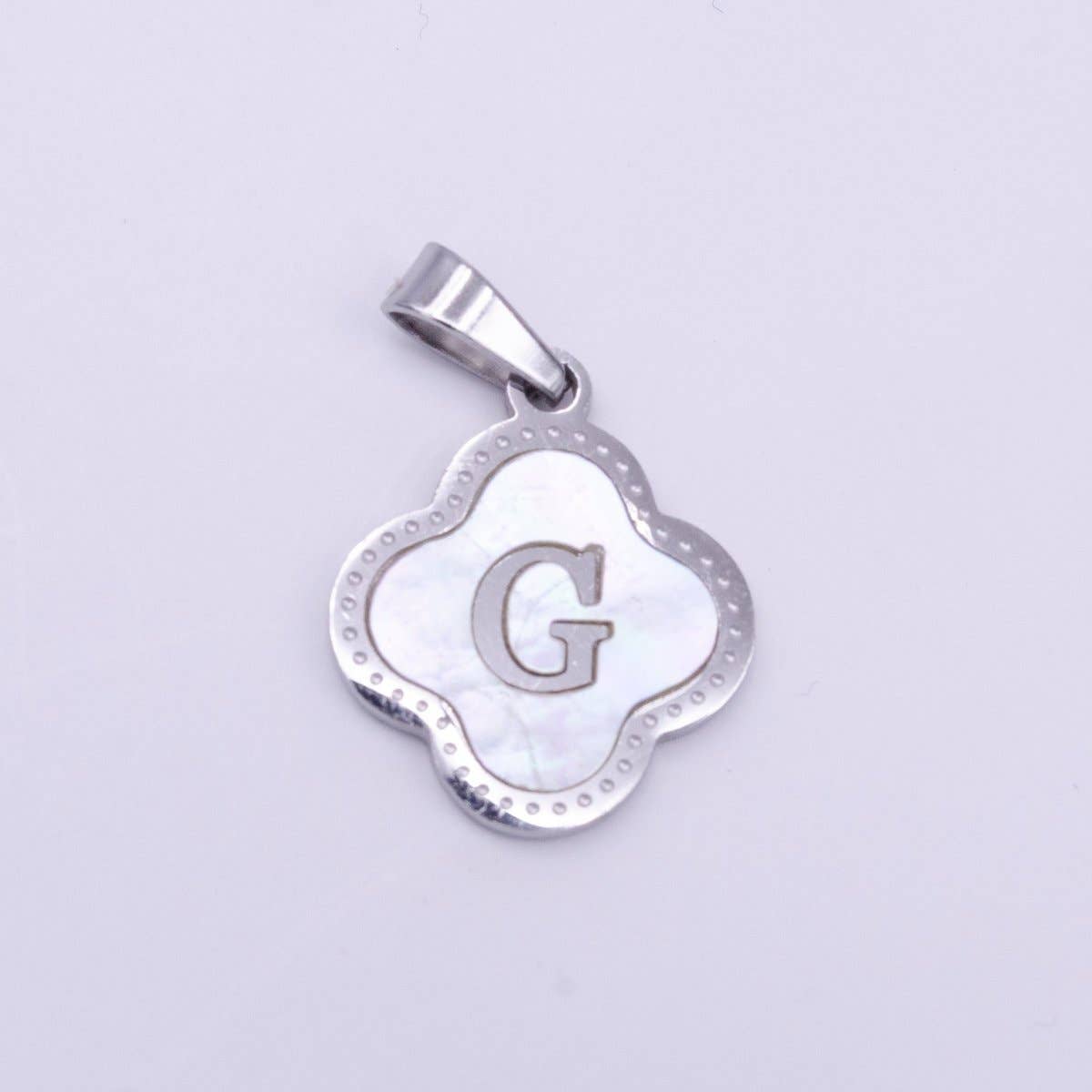 Stainless Steel A-Z Initial Letter Shell Pearl Quatrefoil Clover Silver Pendant Lucky Charm | A-754-A-766: ALL INITIAL
