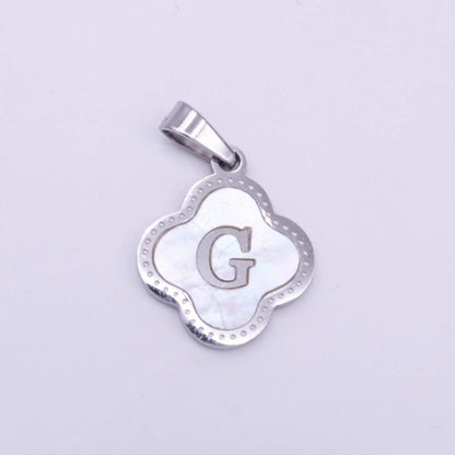 Stainless Steel A-Z Initial Letter Shell Pearl Quatrefoil Clover Silver Pendant Lucky Charm | A-754-A-766: ALL INITIAL