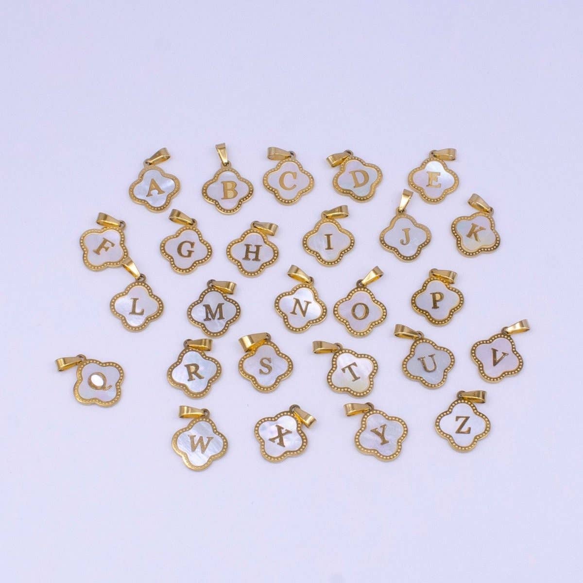 Stainless Steel A-Z Initial Letter Shell Pearl Quatrefoil Clover Silver Pendant Lucky Charm | A-754-A-766: ALL INITIAL