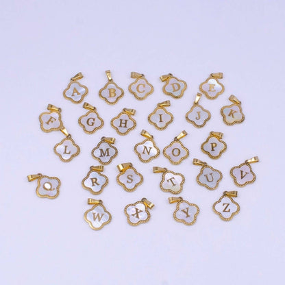 Stainless Steel A-Z Initial Letter Shell Pearl Quatrefoil Clover Silver Pendant Lucky Charm | A-754-A-766: ALL INITIAL