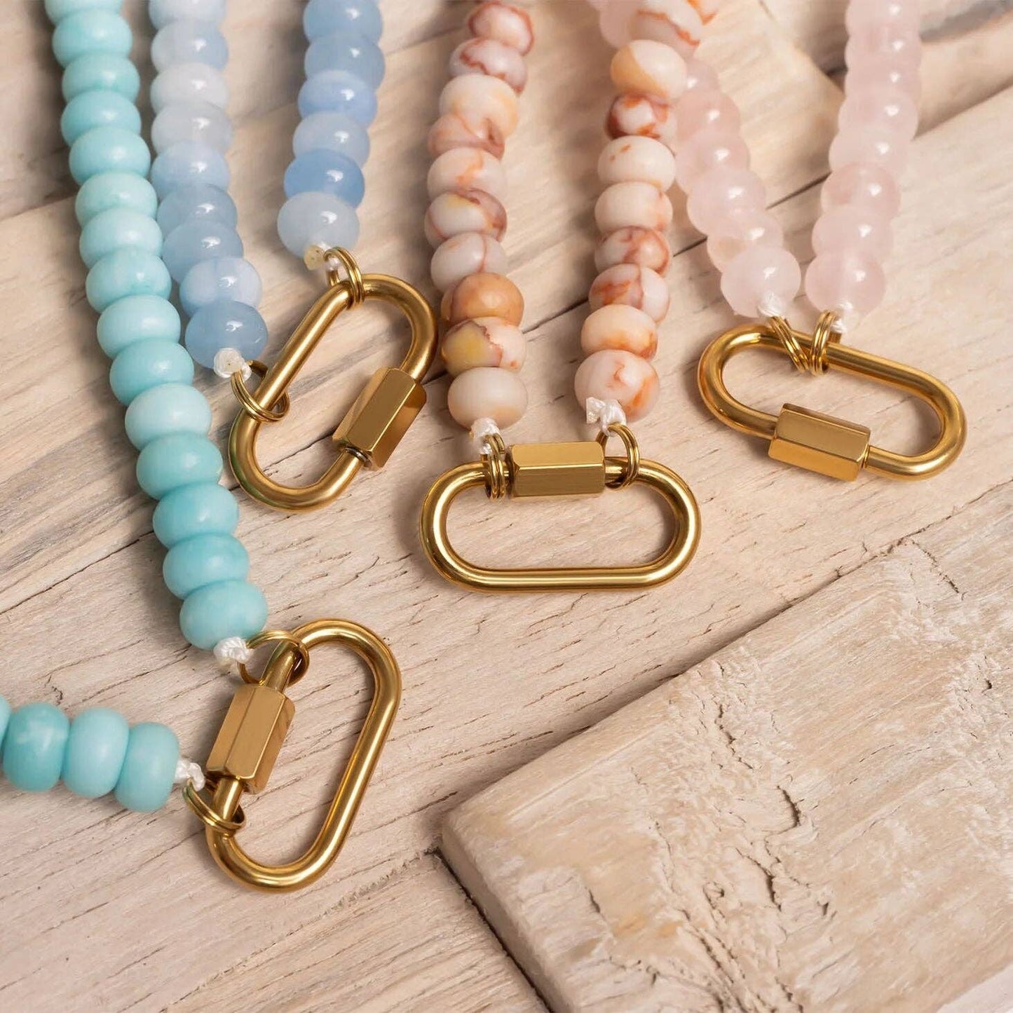 Stainless Steel  Blue Chunky Glass Bead Carabiner Necklace: Gold