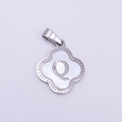 Stainless Steel A-Z Initial Letter Shell Pearl Quatrefoil Clover Silver Pendant Lucky Charm | A-754-A-766: ALL INITIAL