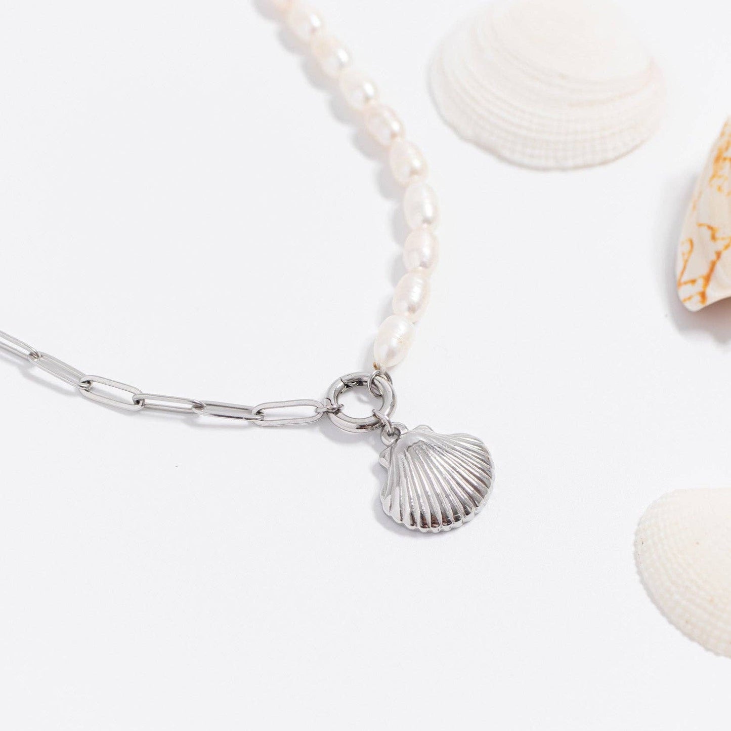 Freshwater Pearl Paperclip Split Chain Charm Holder Necklace: Stainless