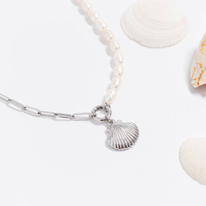 Freshwater Pearl Paperclip Split Chain Charm Holder Necklace: Stainless