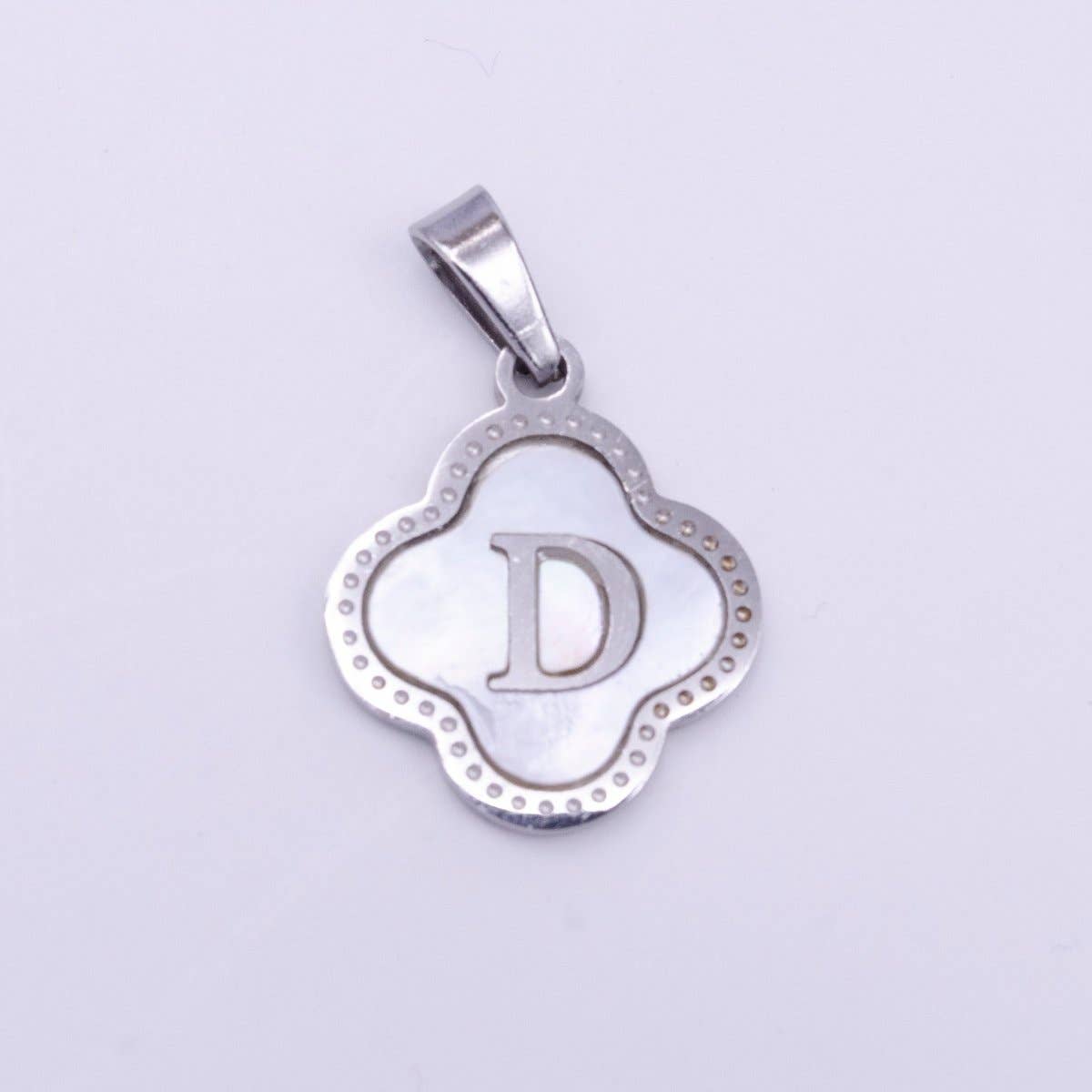 Stainless Steel A-Z Initial Letter Shell Pearl Quatrefoil Clover Silver Pendant Lucky Charm | A-754-A-766: ALL INITIAL