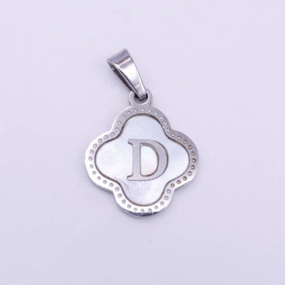 Stainless Steel A-Z Initial Letter Shell Pearl Quatrefoil Clover Silver Pendant Lucky Charm | A-754-A-766: ALL INITIAL