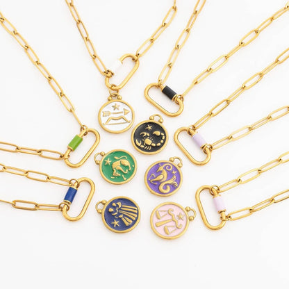 18K Gold PVD Colorful Carabiner Necklace: Green / 18"+2"