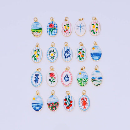 24K Gold Filled 23mm Enamel Art Oval Spring Holiday Charm in Flower, Butterfly, & Nature | AH-544 AH-545, AJ-513, AJ-514, AJ-520, AJ-528 - AJ530, AJ-532 - AJ-535, AJ-539 AJ-540, AJ-544 AJ-545, AJ-547: 6. Blue Lemon