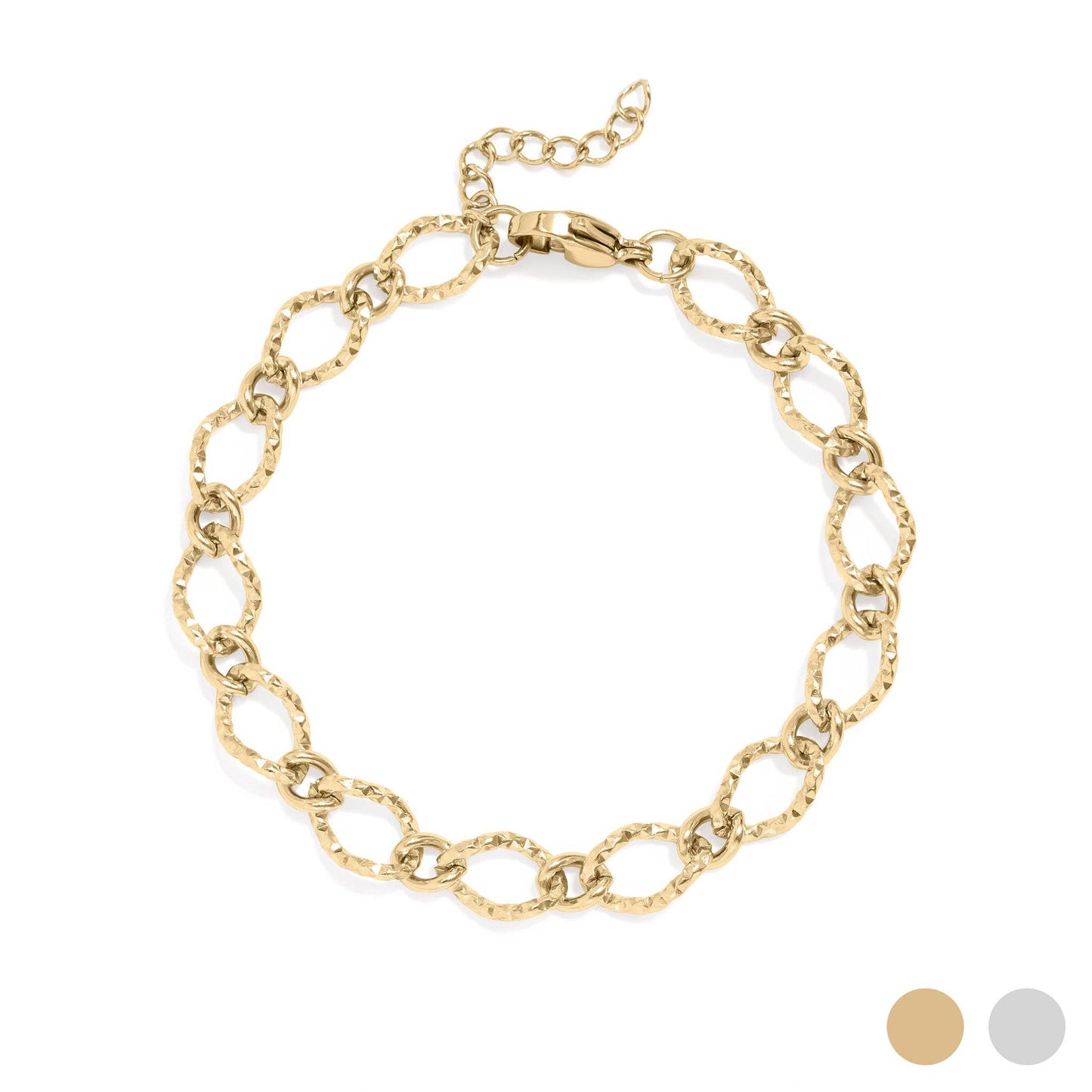 18K Gold PVD Stainless Steel Hammered Oval Chain Bracelet: Stainless