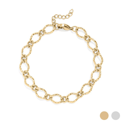 18K Gold PVD Stainless Steel Hammered Oval Chain Bracelet: Stainless