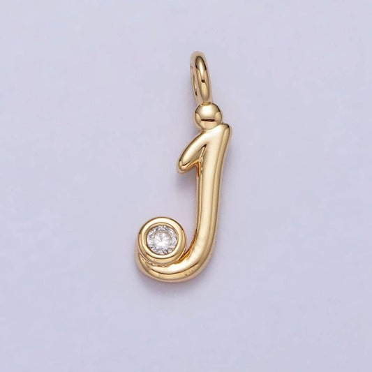 Gold Initial Alphabet Lower Case Cursive Letter Clear CZ Personalized Charm | A-507-A-519: Letter J