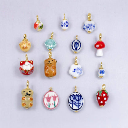 24K Gold Filled Nature Floral Mushroom Pet Sea Sell Ceramic Drop Charm: 21 Pink House