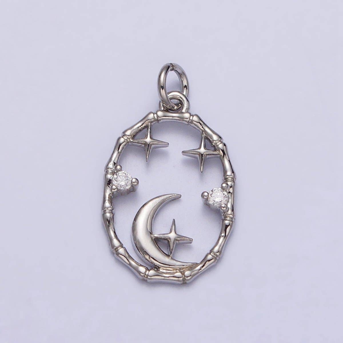 16K Gold Filled Celestial Crescent Moon Stars CZ Open Oval Charm in Gold & Silver N-247 AC-275: Gold