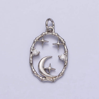 16K Gold Filled Celestial Crescent Moon Stars CZ Open Oval Charm in Gold & Silver N-247 AC-275: Gold