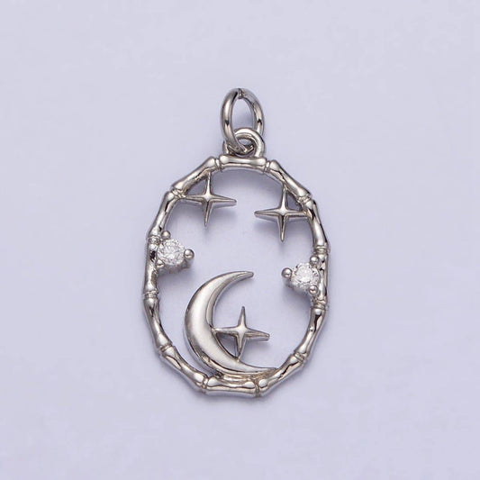 16K Gold Filled Celestial Crescent Moon Stars CZ Open Oval Charm in Gold & Silver N-247 AC-275: Silver