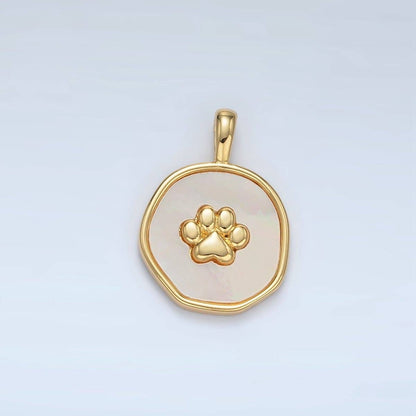 24K Gold Filled Pet Paw Print Shell Pearl Stamped Round Pendant | AA1371