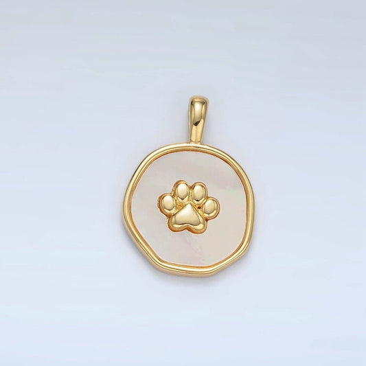 24K Gold Filled Pet Paw Print Shell Pearl Stamped Round Pendant | AA1371
