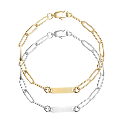 Stainless Steel Engravable Paperclip Bar Bracelet: Gold