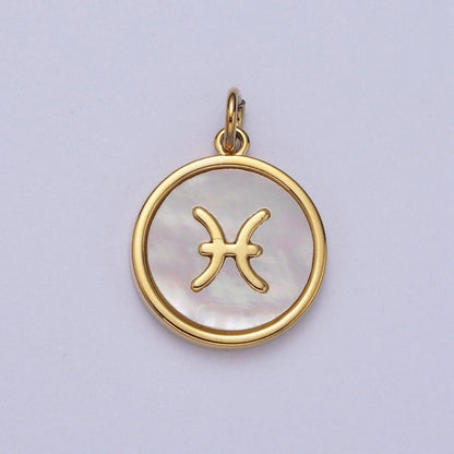 24K Gold Filled Zodiac Signs Shell Pearl Round Coin Charm Astrology Jewelry Making | A-A1367-A-A1372: Gemini