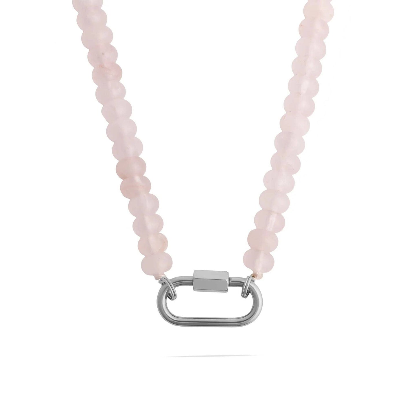 Stainless Steel Pink Chunky Glass Bead Carabiner Necklace: Gold