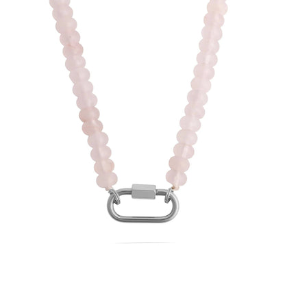 Stainless Steel Pink Chunky Glass Bead Carabiner Necklace: Gold