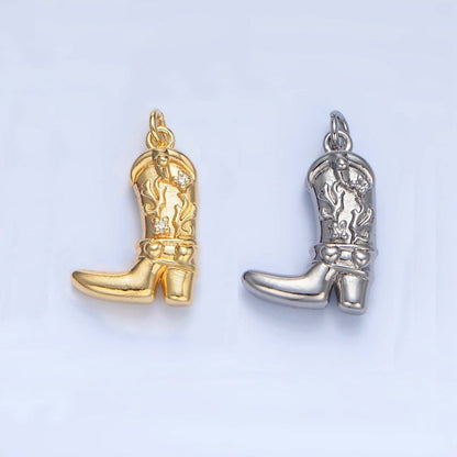 24K Gold Filled CZ Flaming Cowboy Boot Multidimensional Charm in Gold & Silver | X928: Silver