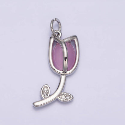 16K Gold Filled Flower Tulip Rose White, Blue, Pink Cat Eye Cabochon Charm in Gold & Silver | AC1073 - AC1078: Blue / Silver