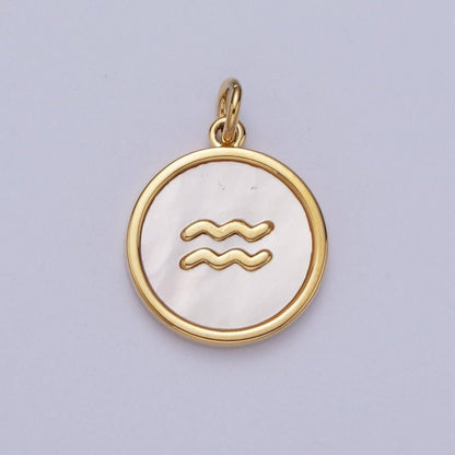24K Gold Filled Zodiac Signs Shell Pearl Round Coin Charm Astrology Jewelry Making | A-A1367-A-A1372: Gemini